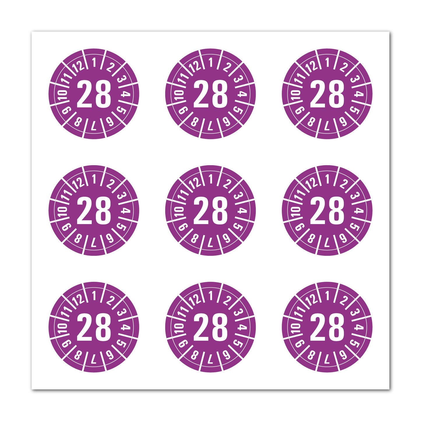 Prüfplaketten 2028 selbstklebend Ø 35 mm 9 Stück pro Bogen | Robust & zuverlässig