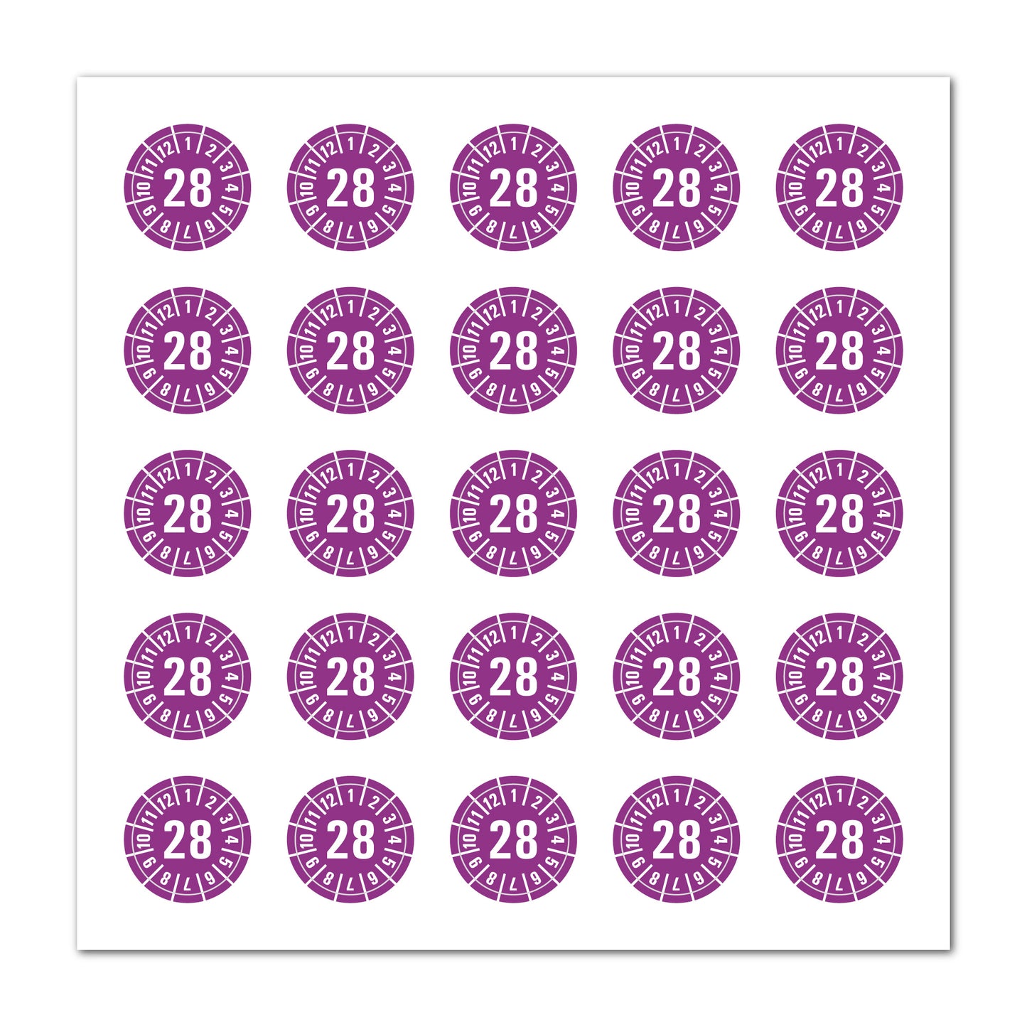 Prüfplaketten 2028 selbstklebend Ø 20 mm 25 Stück pro Bogen | Robust & zuverlässig
