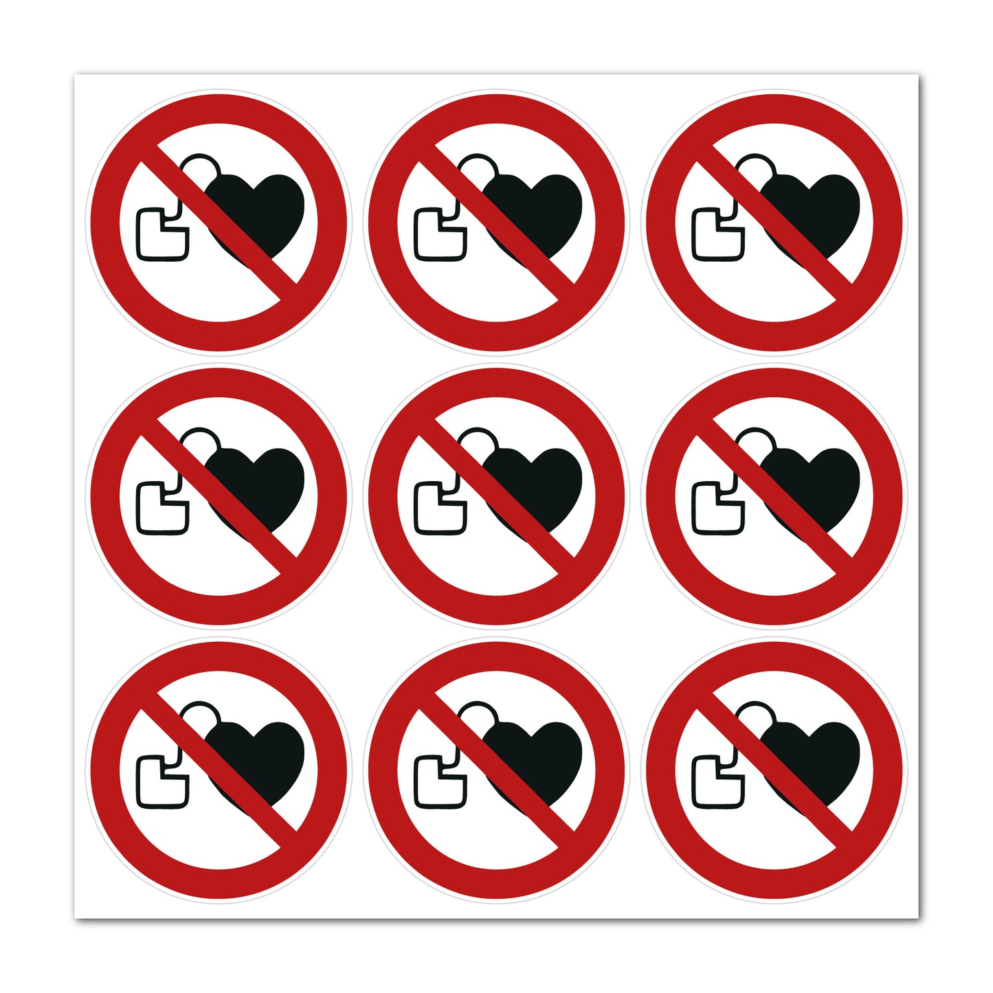 Aufkleber "Kein Zutritt für Personen mit Herzschrittmachern oder implantierten Defibrillatoren" - 9 Stück -