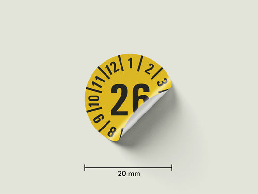 Prüfplaketten 2026 selbstklebend Ø 20 mm 25 Stück pro Bogen | Robust & zuverlässig
