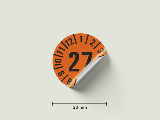 Prüfplaketten 2027 selbstklebend Ø 20 mm 25 Stück pro Bogen | Robust & zuverlässig