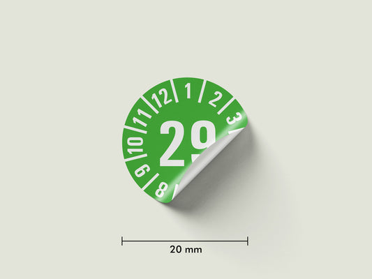 Prüfplaketten 2029 selbstklebend Ø 20 mm 25 Stück pro Bogen | Robust & zuverlässig