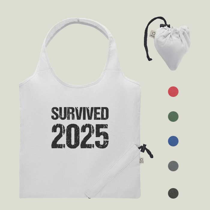 Faltbare Einkaufstasche „Survived 2025“ – robust, witzig & nachhaltig